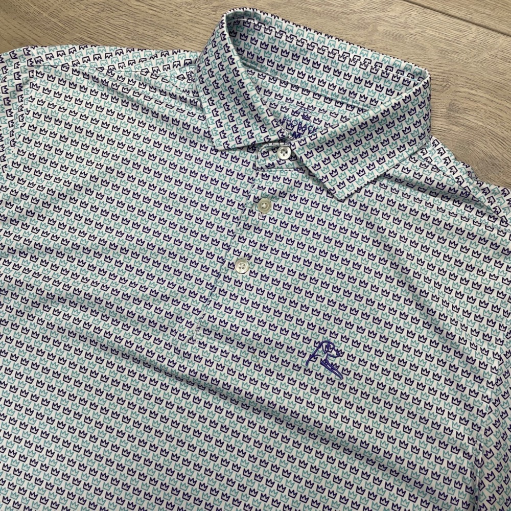 Rhoback Polo Shirt Mens Medium White Purple Crown Performance Golf S/s FAIR CLT